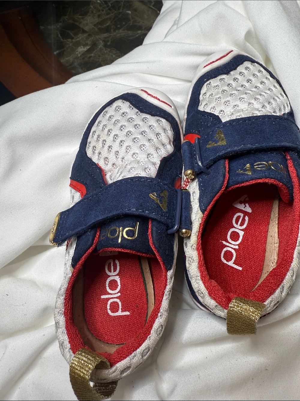 PLAE Kids Navy, White and Red Sneakers with Gold Detail